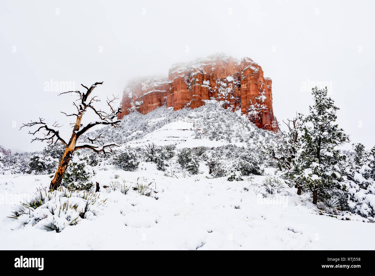 Courthouse Butte en la nieve después de una tormenta de invierno en Sedona, Arizona Foto de stock