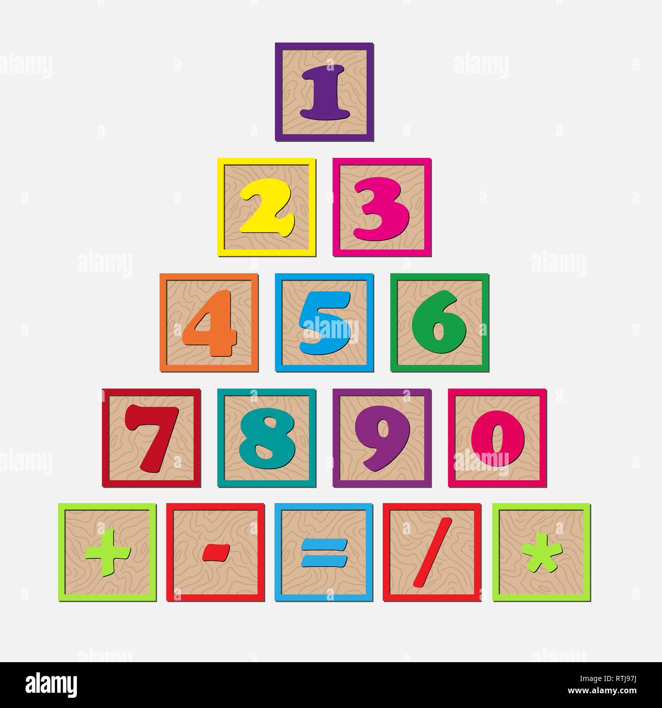 Juego de cubos de madera de colores con números y signos aritméticos Imagen  Vector de stock - Alamy