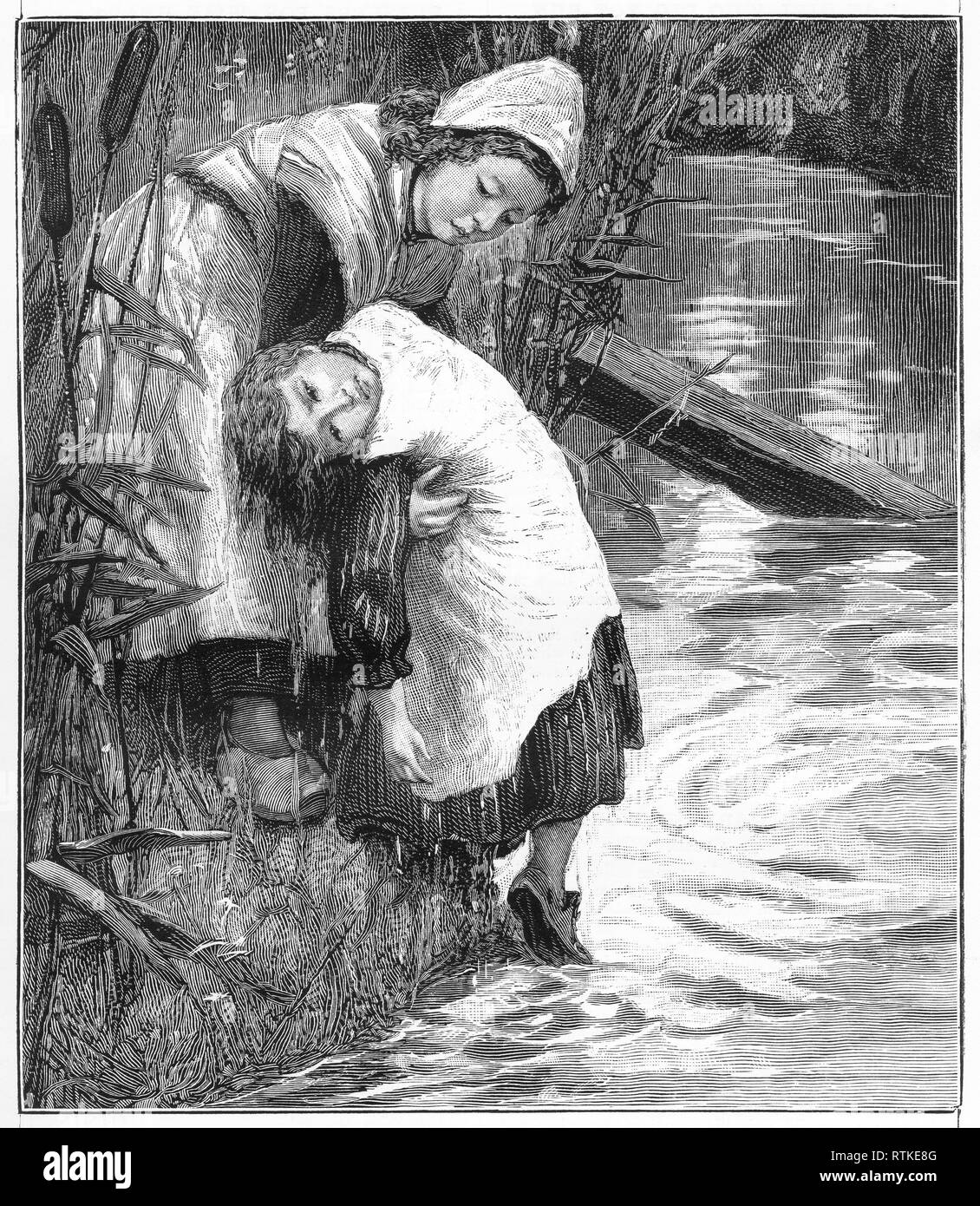 Grabado de una mujer rescatando a una chica de ahogarse en el río. Desde parlanchín magazine, 1905 Foto de stock