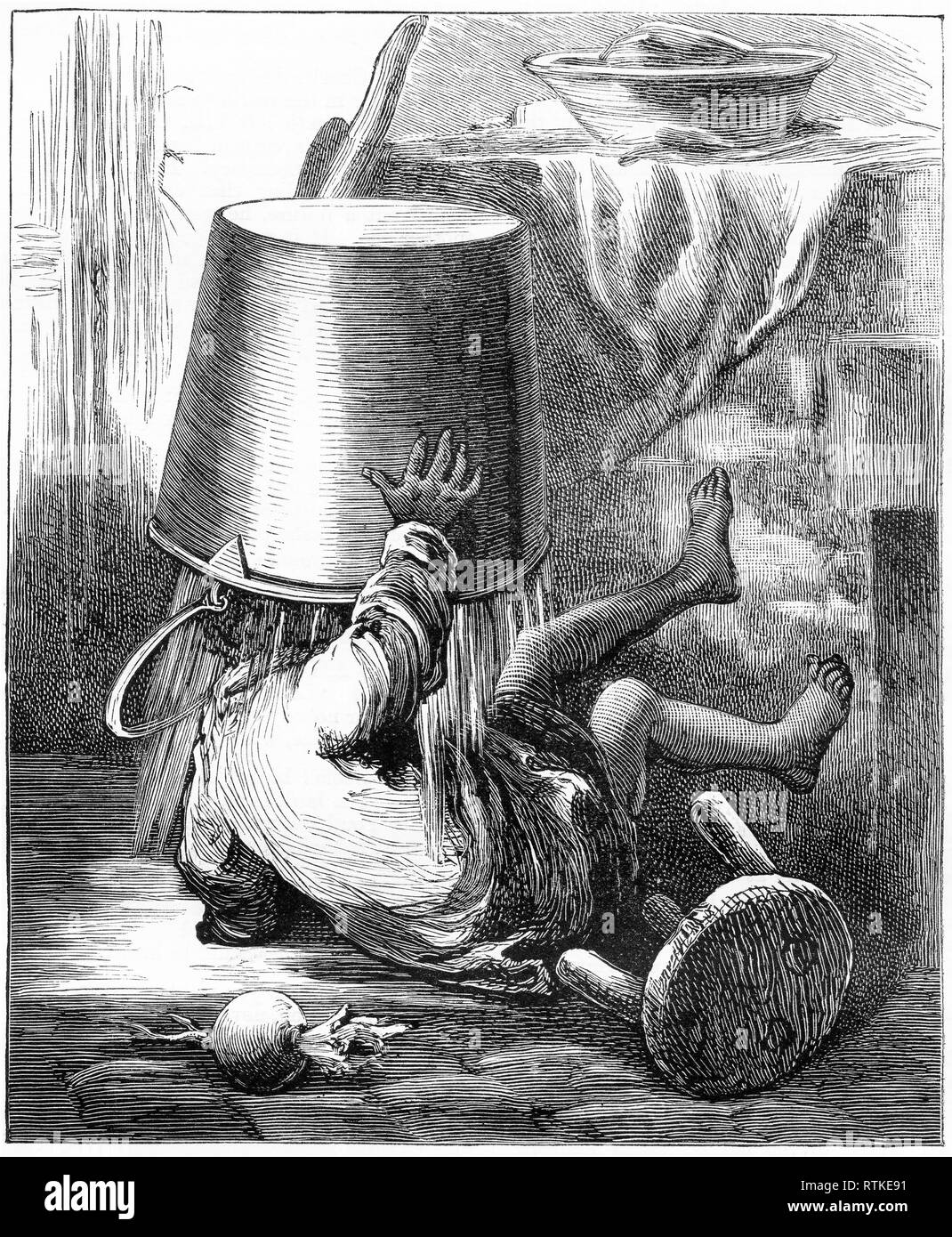 Grabado de un niño cayendo sobre el piso, con un balde de agua volcaron sobre su cabeza. Desde parlanchín magazine, 1905 Foto de stock