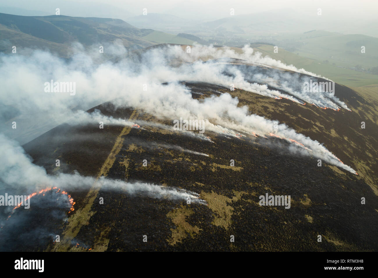 Imagen aérea de brezo de montaña ardiendo en la región fronteriza del sur de Escocia. Foto de stock