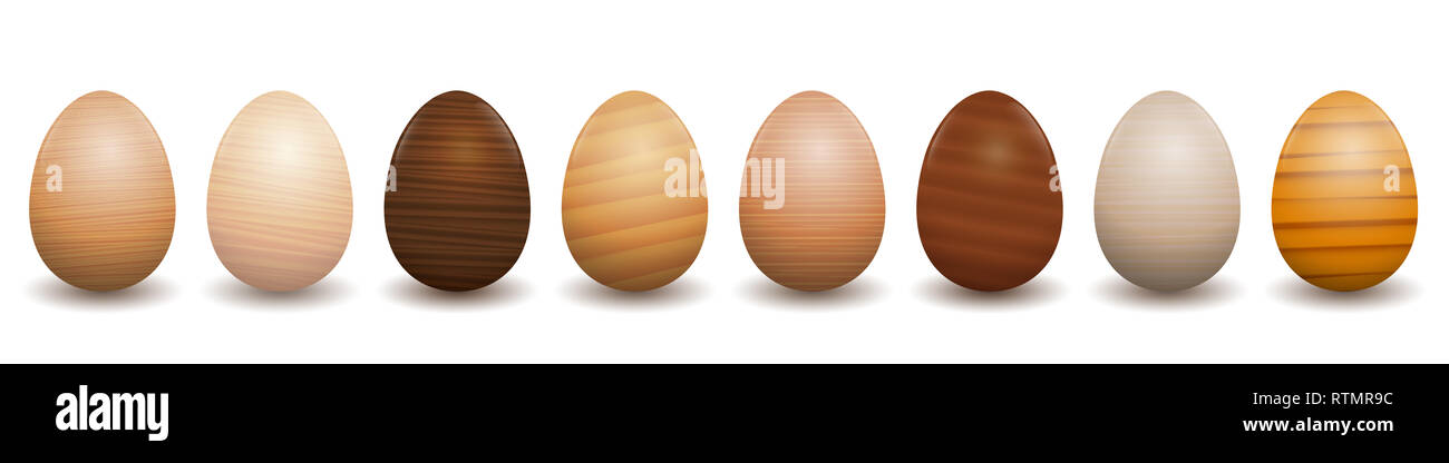 Huevos de Pascua de madera. Las diferentes especies de tipos de madera - Juego de 8 pulidos, barnizados, con textura de muestras - marrón oscuro, luz, gris, rojo, amarillo en la decoración. Foto de stock