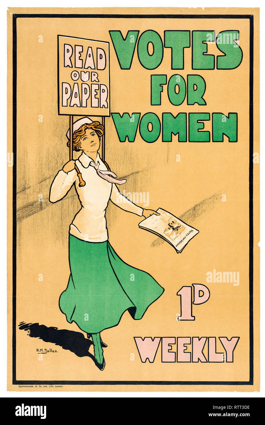 Cartel del sufragio femenino británico, 'Lea nuestro artículo, Votos por mujeres', 1920, Reino Unido Foto de stock