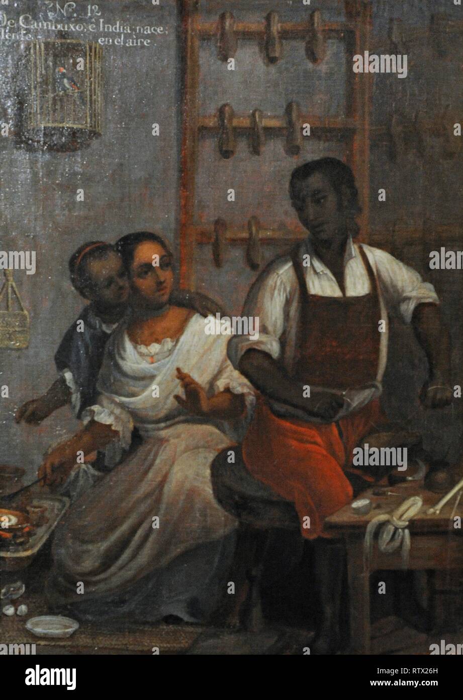 Título: Castaños; De cambujo e india, tente en el aire. Autor: Andrés de Islas (siglo XVIII). Pintura sobre Lienzo. Grado de mestizaje entre indígenas, europeos y africanos. Género' Pintura de castaños". Virreinato de la Nueva España. Escuela Mexicana. México. 1774. Museo de América. Madrid. España. Foto de stock
