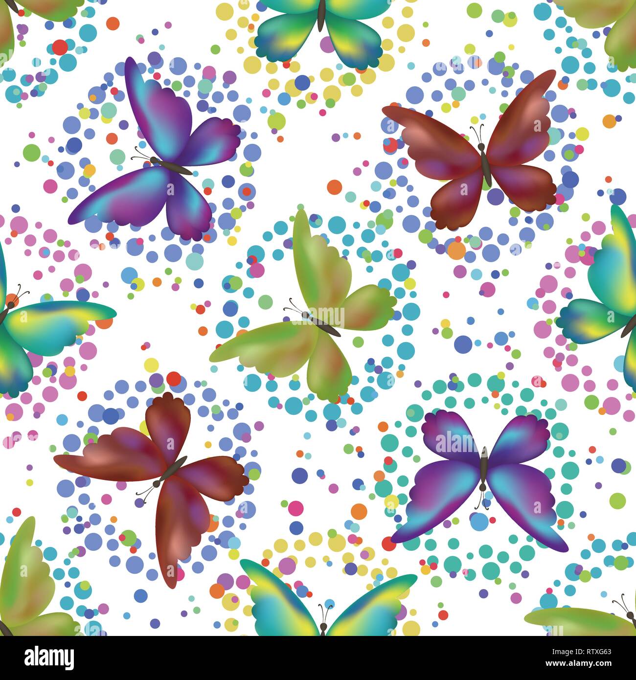 Antecedentes sin fisuras, patrón de coloridas mariposas simbólico y anillos aislados en blanco. Vector Ilustración del Vector