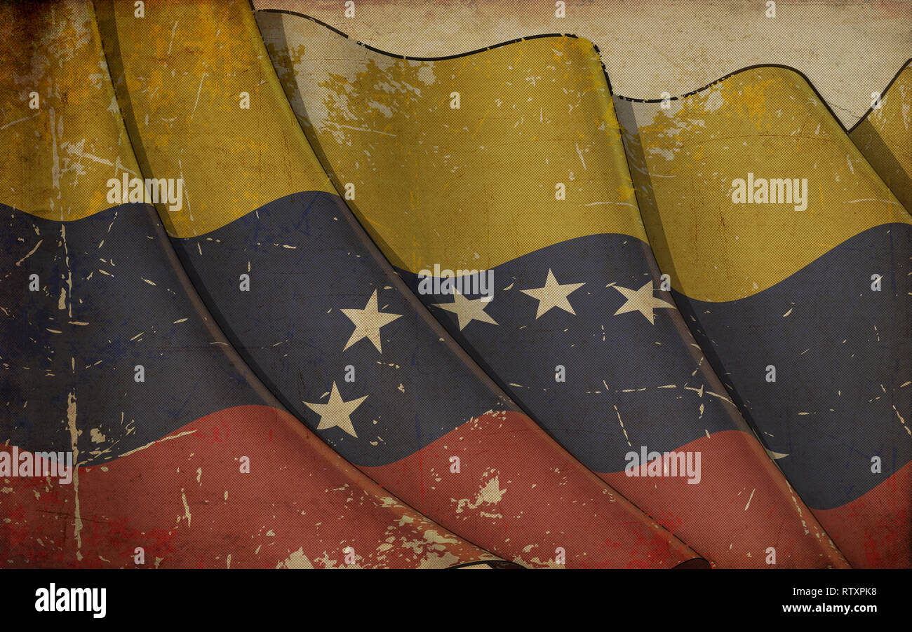 Ilustración de fondo de un viejo papel con una impresión de un ondeando la bandera de Venezuela Foto de stock