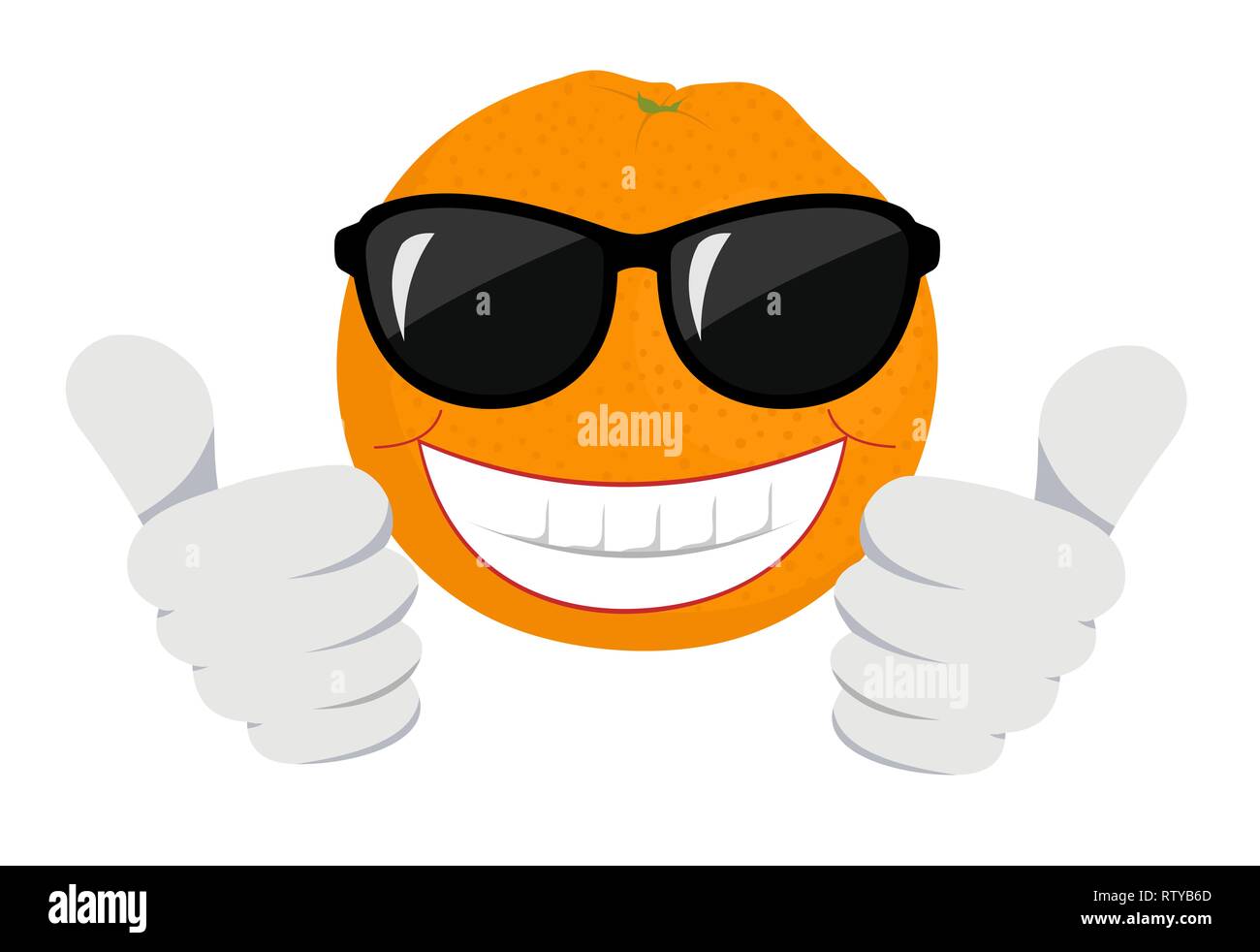Fruta naranja Cartoon mascota personaje con gafas de sol dando un pulgar hacia arriba. Raster ilustración sobre fondo blanco. Foto de stock