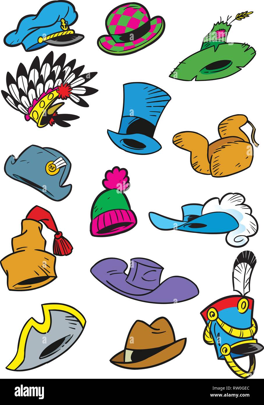 En la ilustración vector conjunto de sombreros, gorras de diversos estilos. En estilo de dibujos animados, aislado sobre fondo blanco. Ilustración del Vector