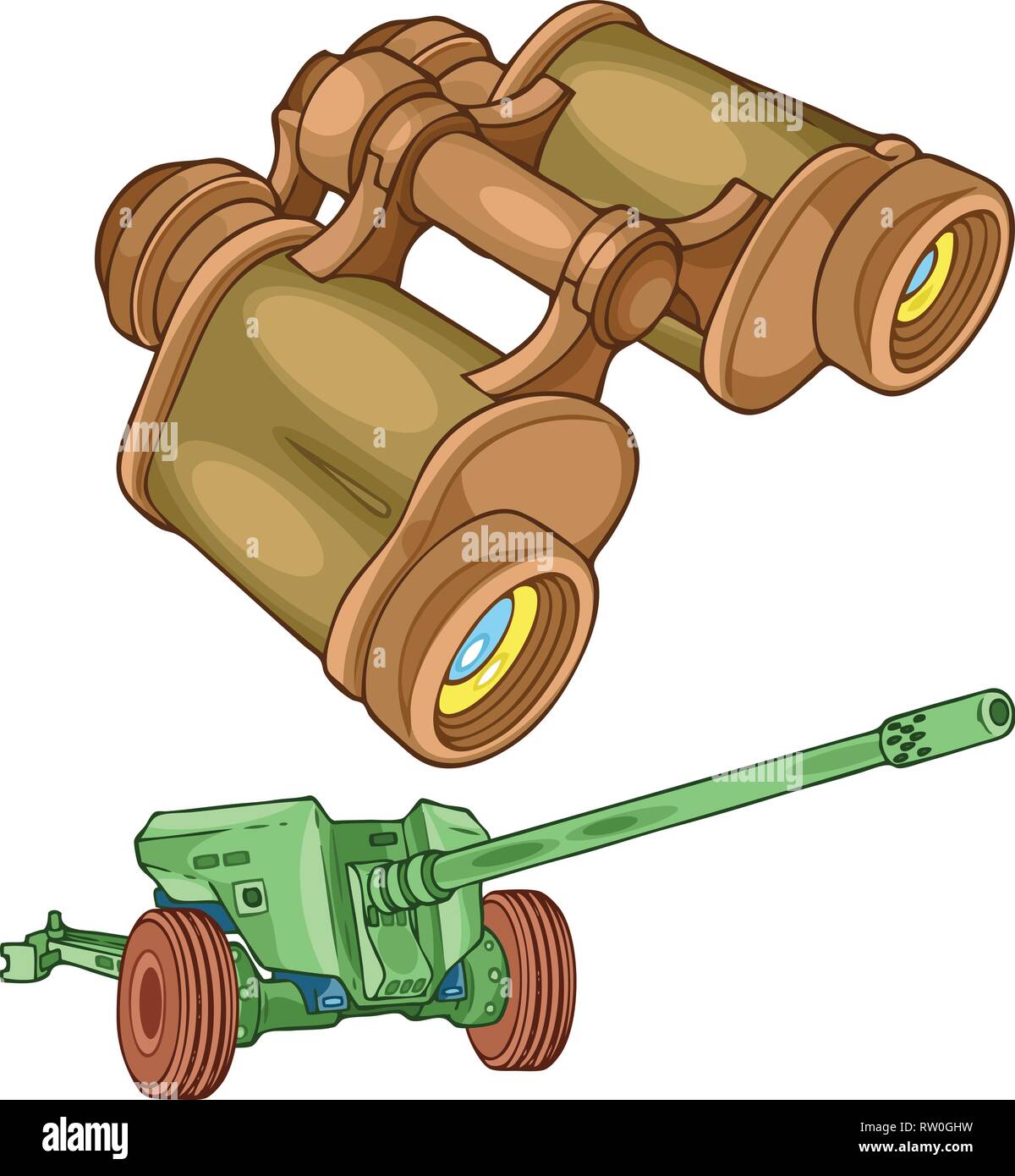 La ilustración muestra los militares prismáticos y pistola en capas separadas. Ilustración del Vector