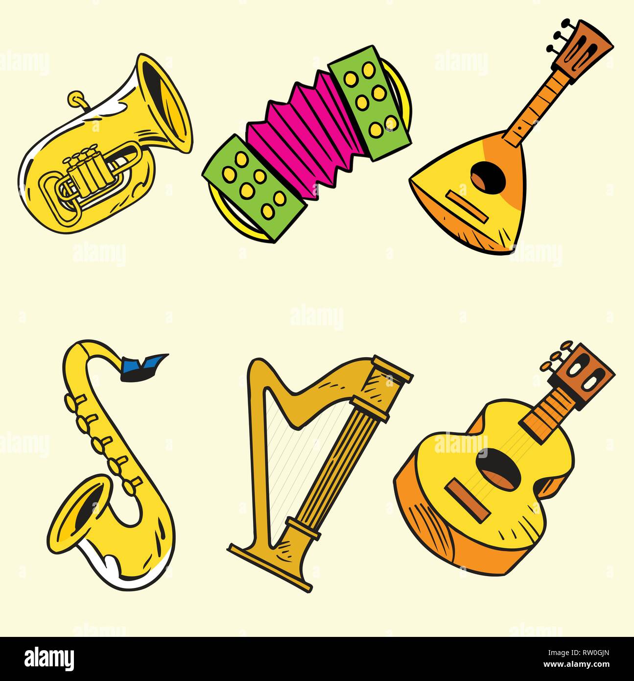 La ilustración muestra algunos instrumentos musicales de cuerda y viento.  Ilustración hecha en capas separadas en un estilo de dibujos animados  Imagen Vector de stock - Alamy
