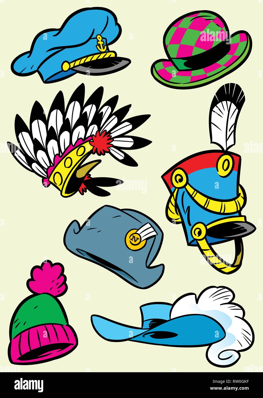 En la ilustración vector conjunto de sombreros, gorras de diversos estilos. En estilo de dibujos animados, aislado sobre fondo blanco. Ilustración del Vector