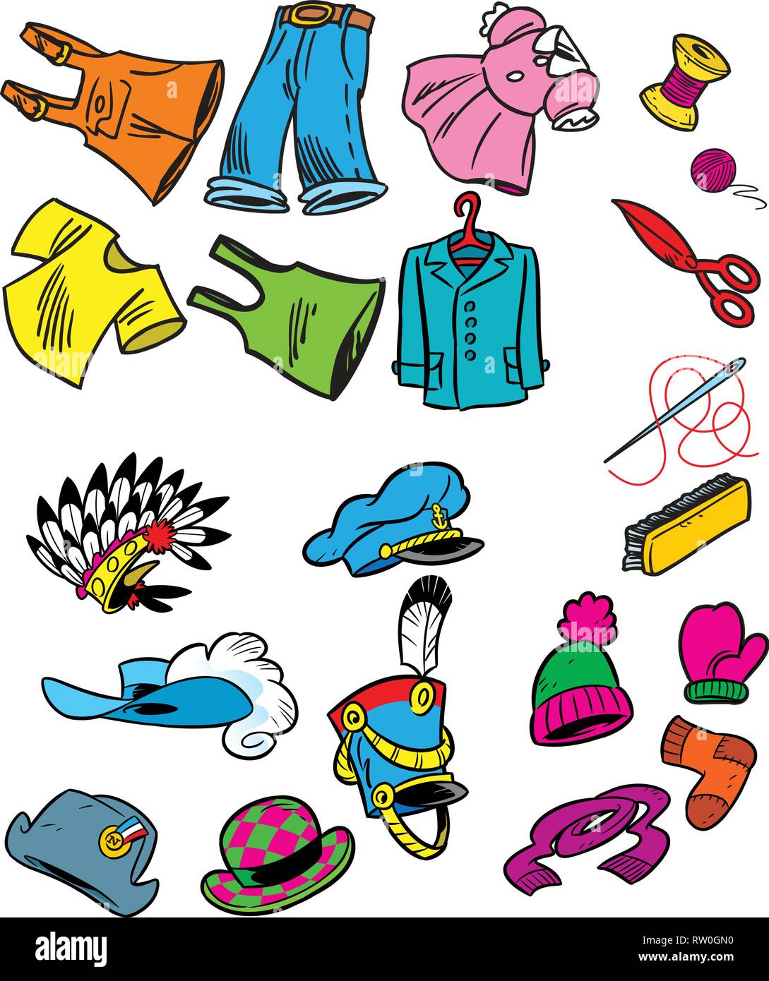 En la ilustración vector conjunto de gorras, sombreros y ropa de diferentes estilos. En estilo de dibujos animados, aislado sobre fondo blanco. Ilustración del Vector