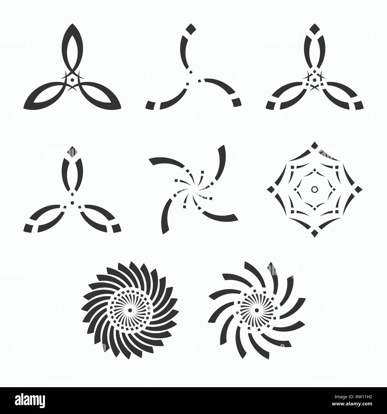 Conjunto de formas geométricas simétricas abstractas, símbolos para su diseño. Monocromo vectorial aislado de las formas. Ilustración del Vector