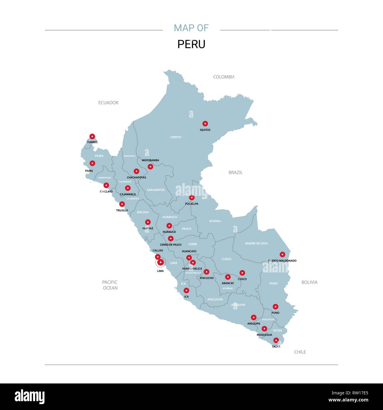 Perú mapa de vectores. Plantilla modificable con regiones, ciudades,  patillas rojas y azules sobre fondo blanco de superficie Imagen Vector de  stock - Alamy