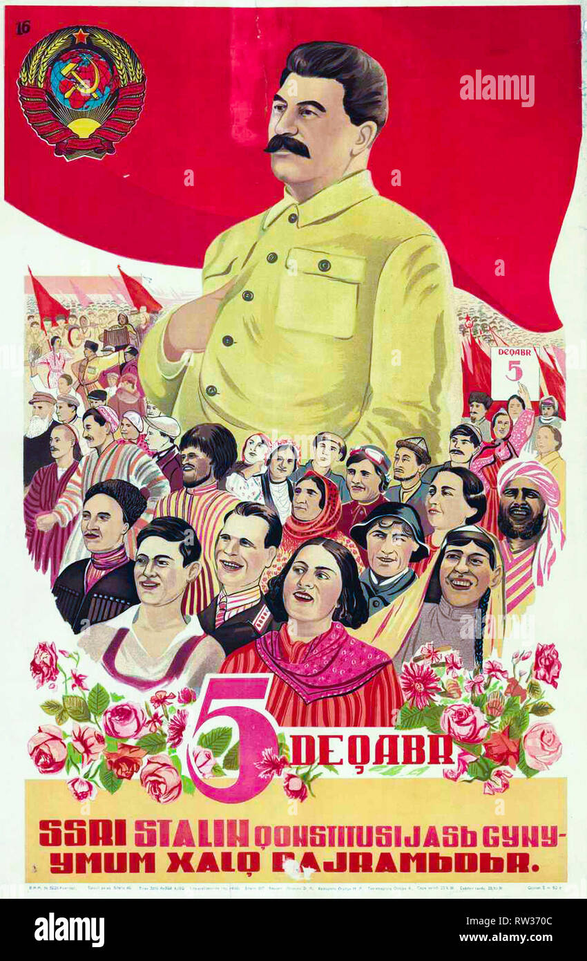 Azerbaiyán, las Constituciones de 1938, Stalin, plan de 5 años, cartel propagandístico soviético Foto de stock