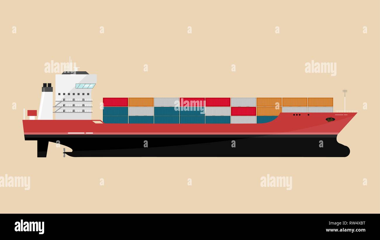 Icono de buques de carga con carga en el contenedor de importación-exportación en el proceso de envío. Ilustración del Vector