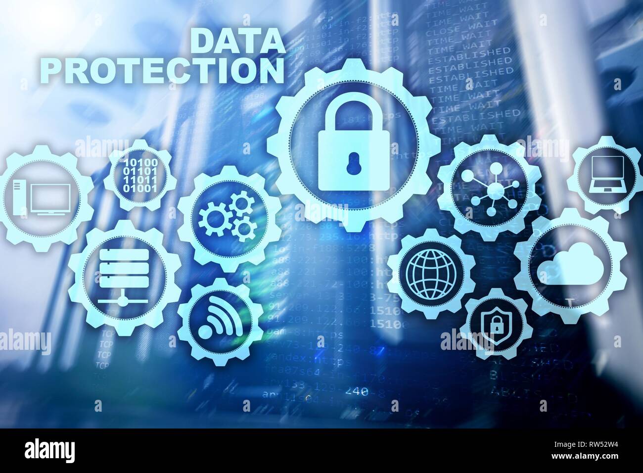 Concepto de protección de datos de servidor. Seguridad de la información de virus cyber digital internet tecnología. Foto de stock