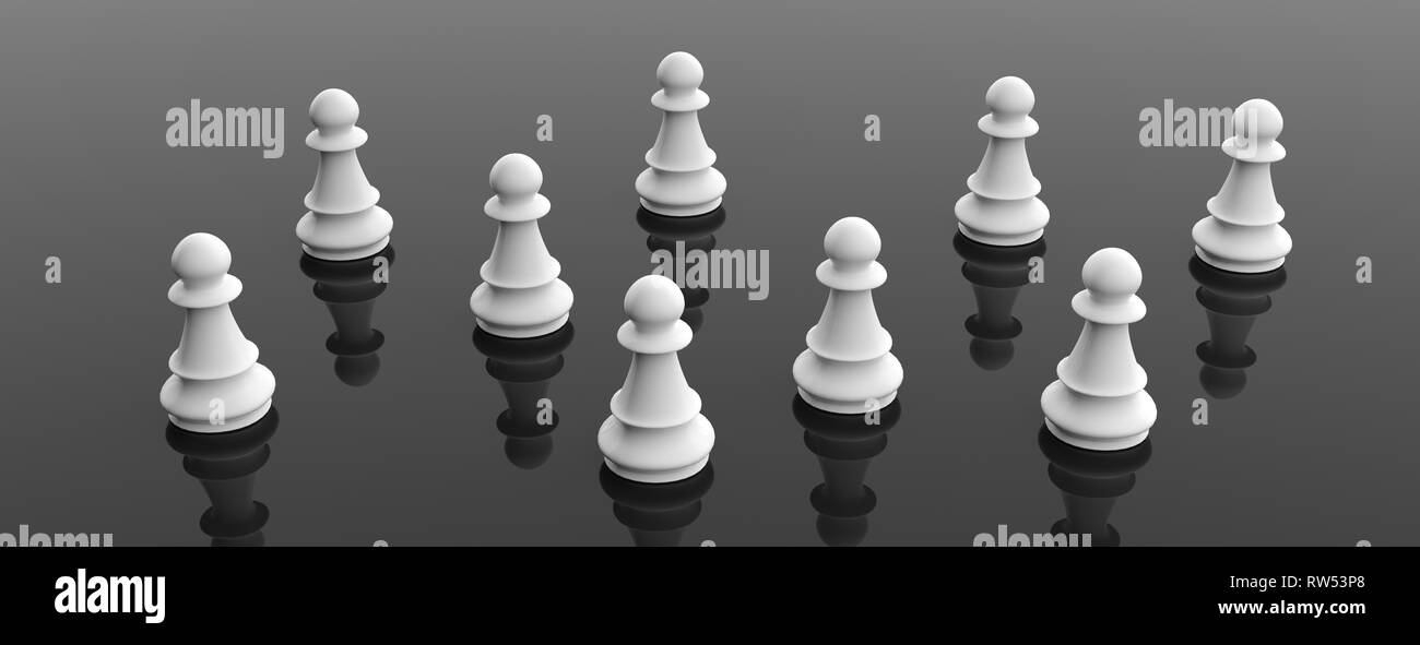Concepto de trabajo en equipo. Los peones de ajedrez blanco sobre fondo de color negro, banner. Ilustración 3d Foto de stock