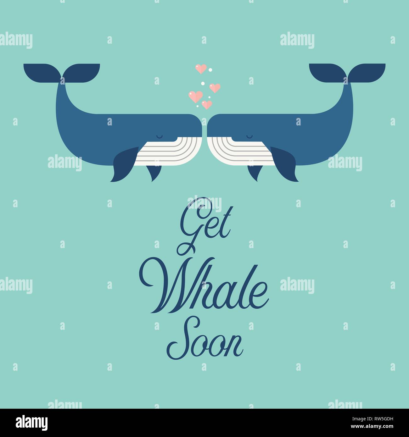Obtenga pronto la palabra ballena con lindo ballenas tarjeta de felicitación. Ilustración del Vector