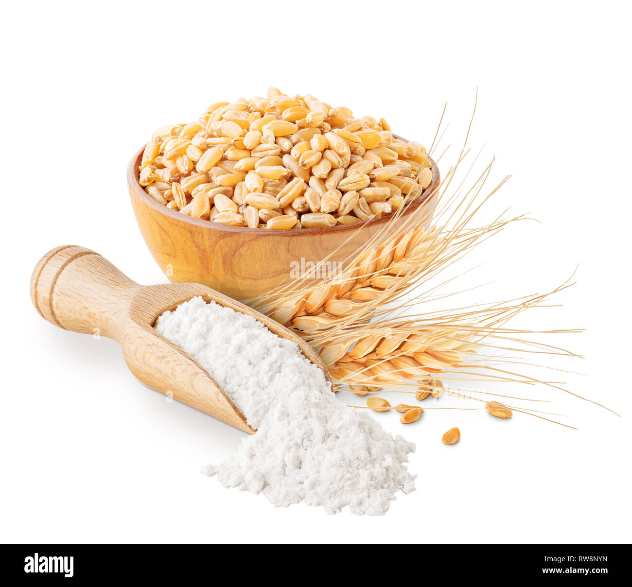 La harina de trigo y granos oídos aislado en blanco Foto de stock