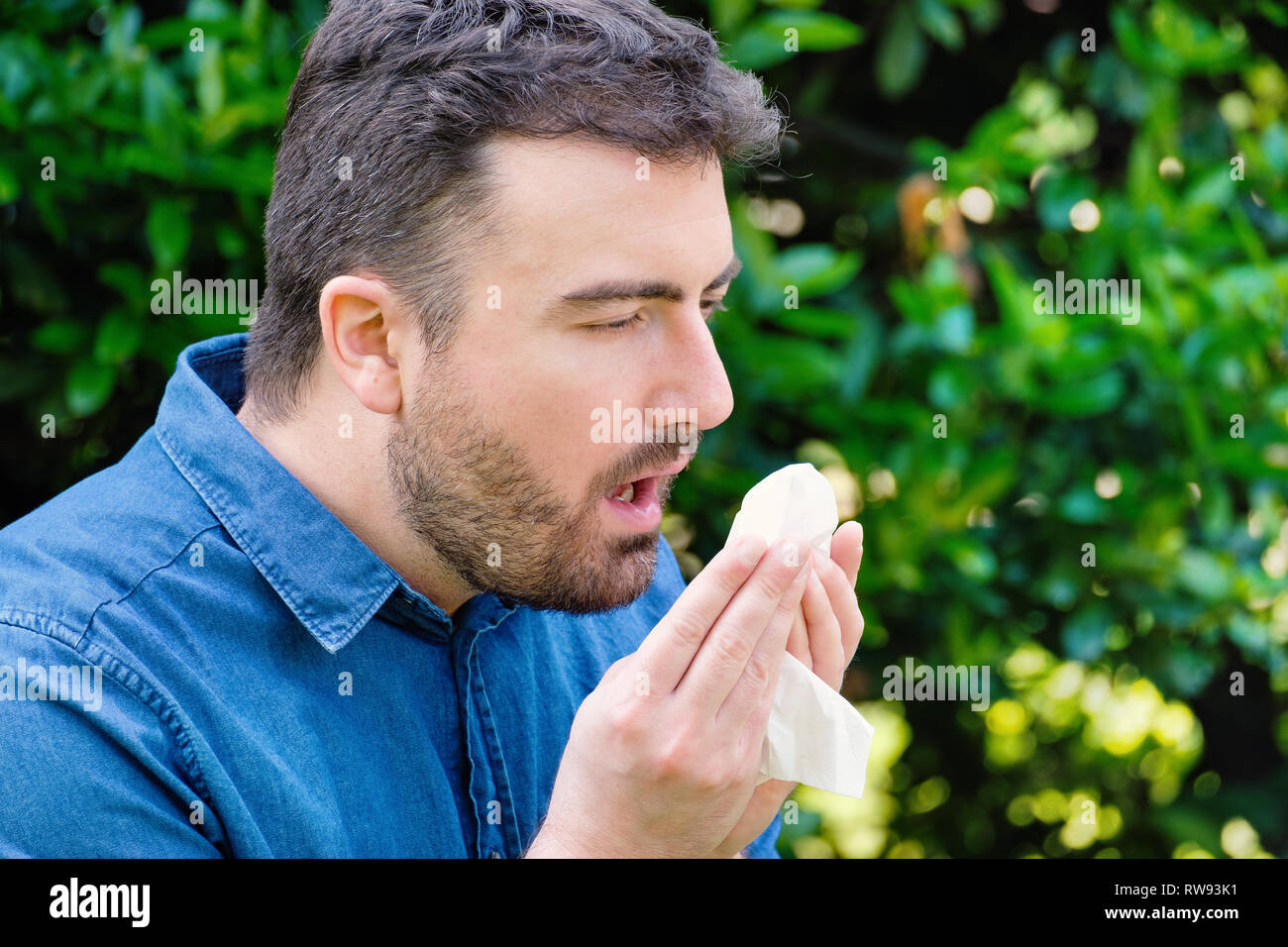 Un hombre con camisa azul con alergia o frío, sopla su nariz con tejido  fuera árboles verdes de fondo. La temporada de gripe, la vacunación  Fotografía de stock - Alamy