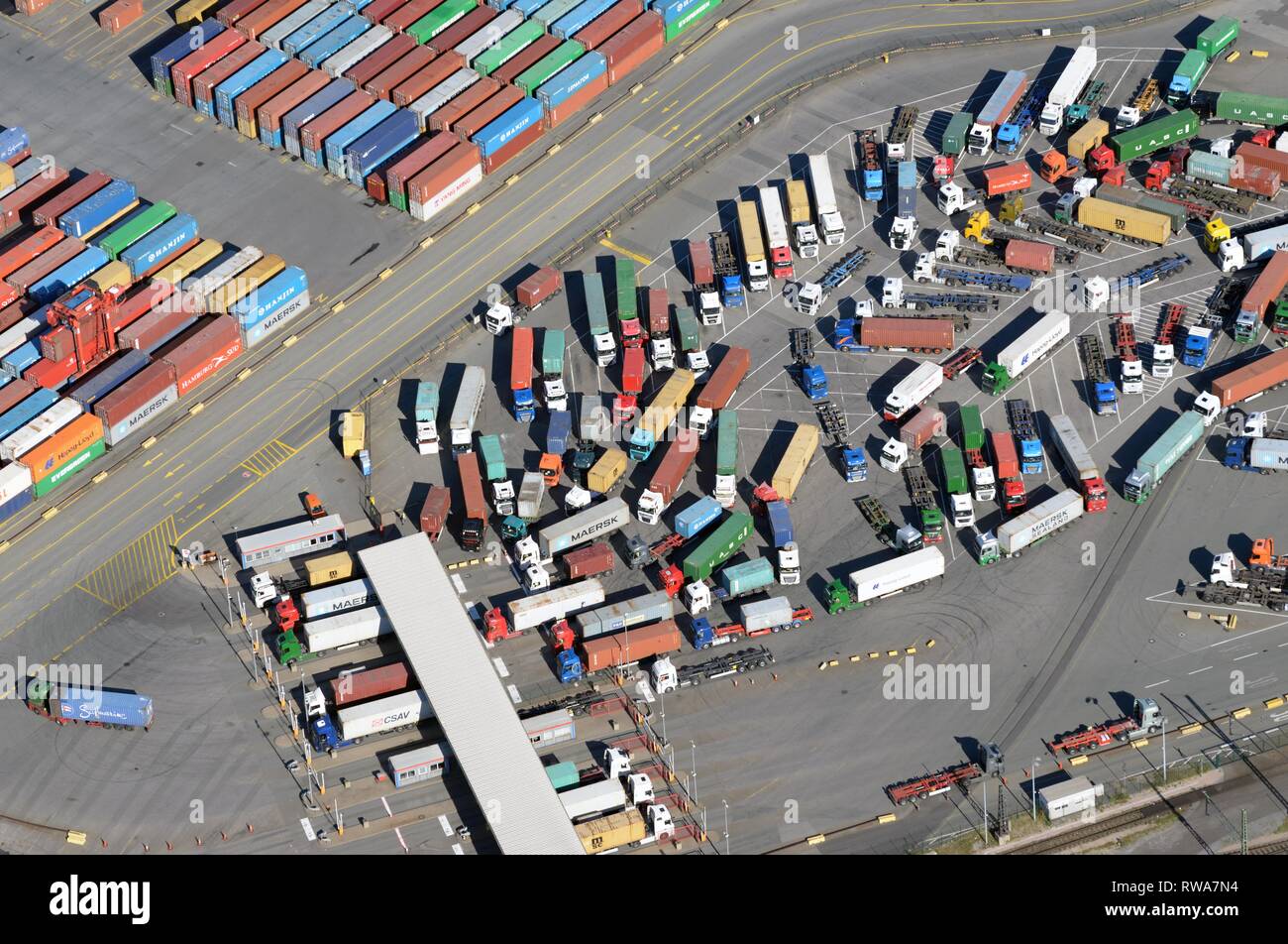 Vista aérea, entrada de camiones Eurogate, Hamburgo, Alemania. Foto de stock