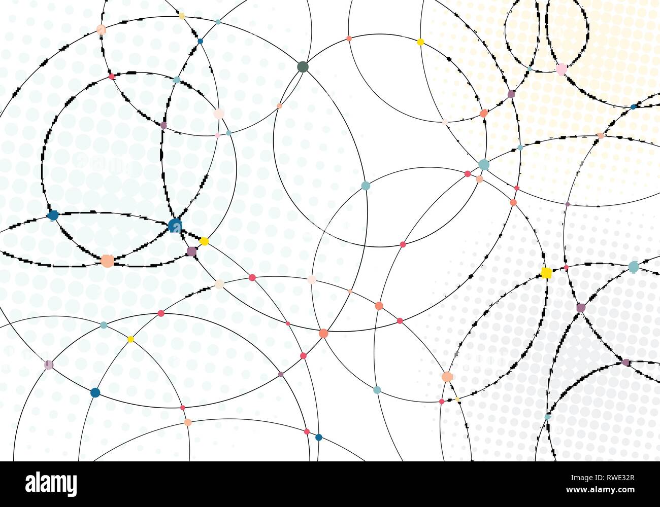 Abstracto círculos y líneas de puntos multicolores con textura de semitonos radial sobre fondo blanco. Ilustración vectorial Ilustración del Vector
