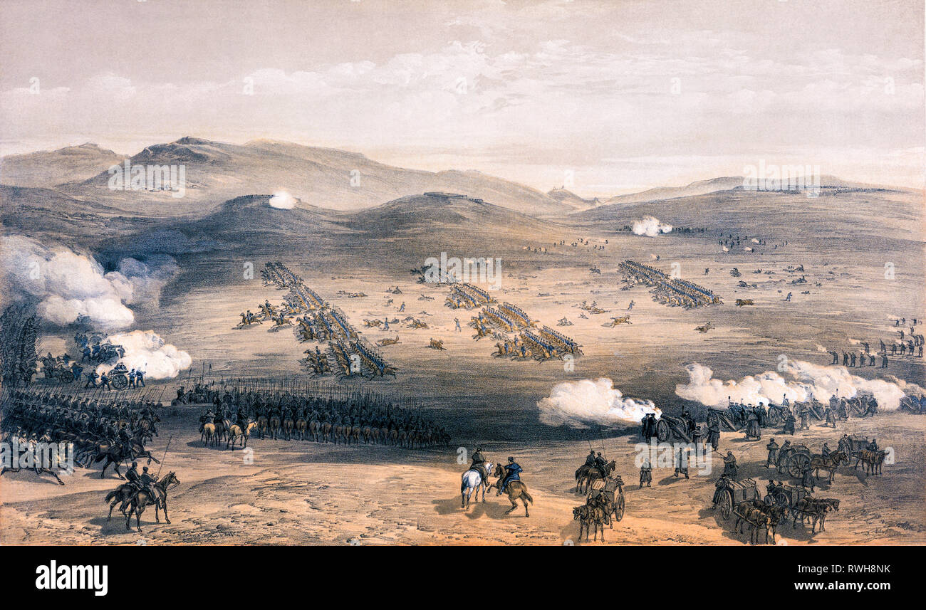 Carga de la Caballería Ligera de la Brigada, impresión, 25 de octubre de 1854, por William Simpson, 1855 - Batalla de Balaclava Foto de stock