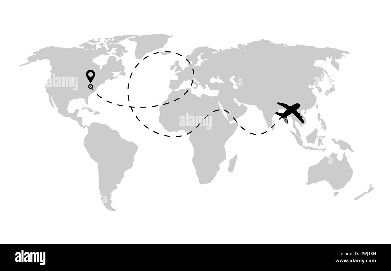 La ruta del avión en forma de línea discontinua en el mapa del mundo. Ruta de avión con mapa del mundo aislado sobre fondo blanco. Vector. Ilustración del Vector