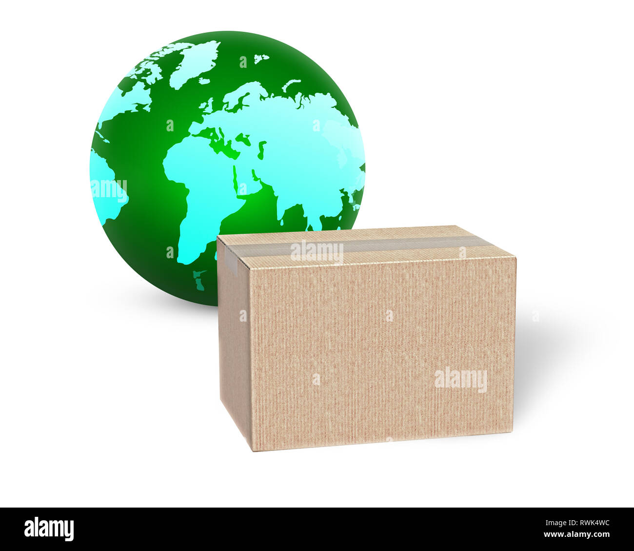 Caja de cartón y Green Globe aislado sobre fondo blanco, 3D ilustración. Foto de stock