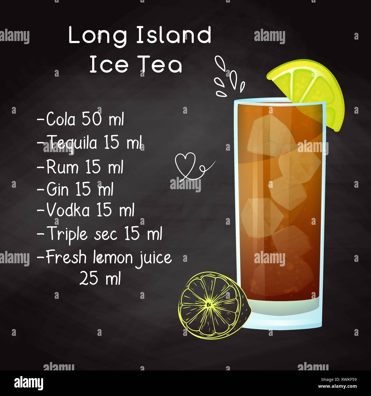 Sencilla receta para un cóctel alcohólico Té Helado Long Island. Dibujo de  tiza en una pizarra Imagen Vector de stock - Alamy