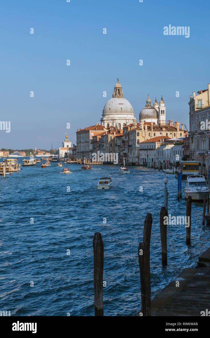 Los taxis acuáticos y vaporettos en Grand Canal, edificios del palacio, basílica de Santa Maria della Salute, Dorsoduro, en Venecia, Italia Foto de stock