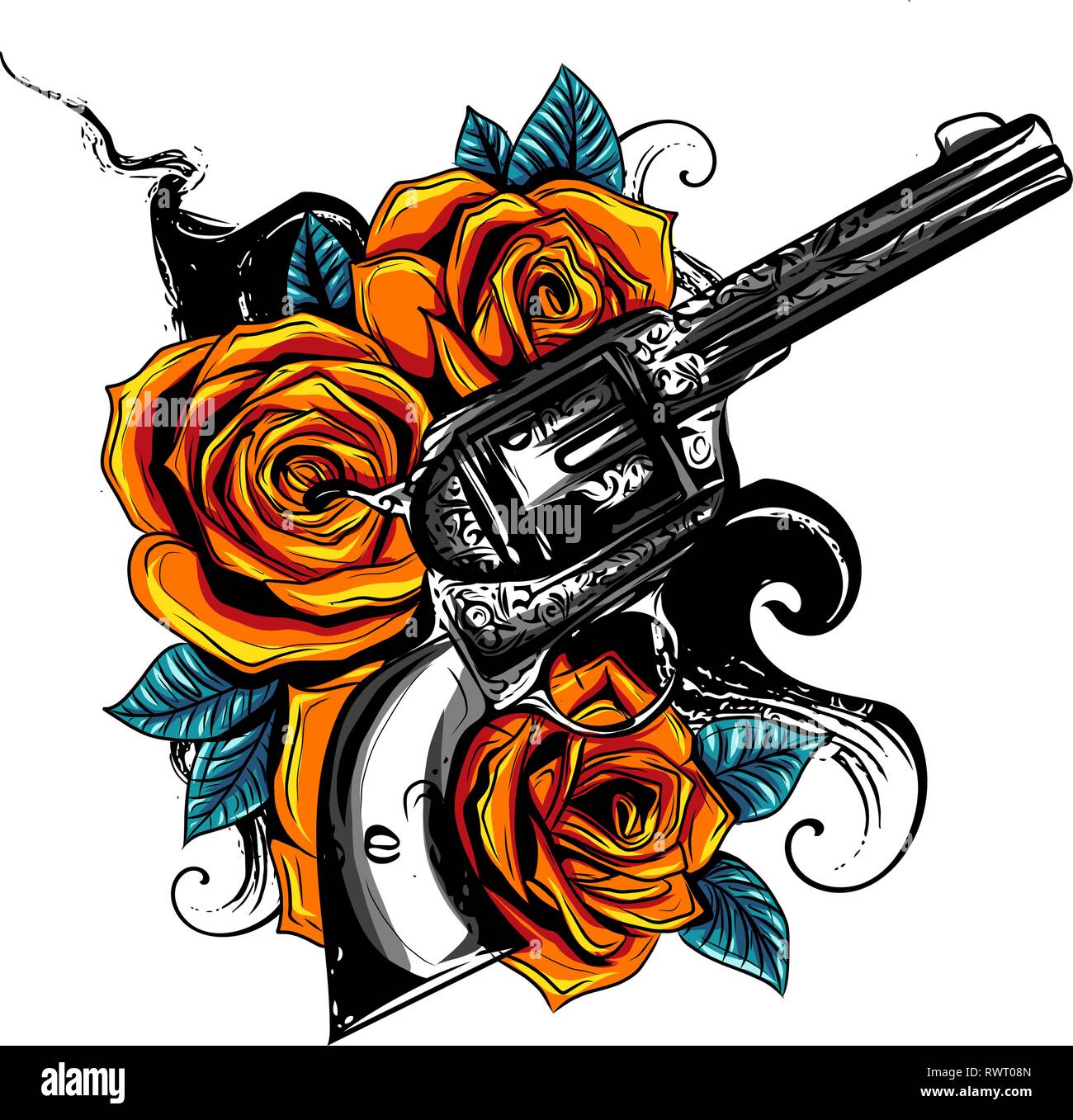 Dibujo de una pistola con rosas en color Ilustración del Vector