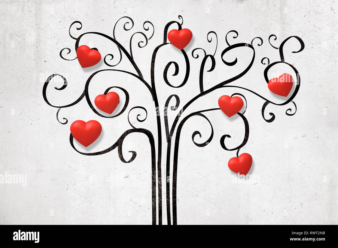 3D rendering de pared blanca con dibujo decorativo de árbol con poco lindo  rojo corazones enamorados de ramas Fotografía de stock - Alamy