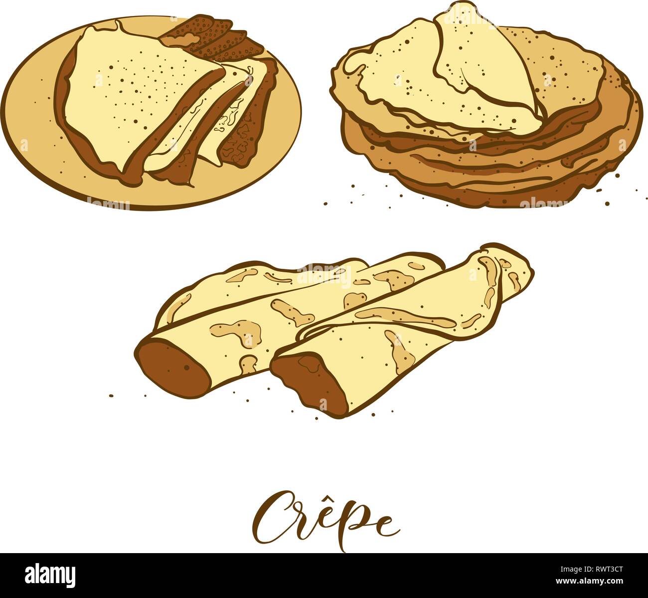 Dibujos coloreados de crepes pan. Dibujo Vectorial de panqueque alimentos, generalmente conocido en Francia. Pan de color ilustración series. Ilustración del Vector