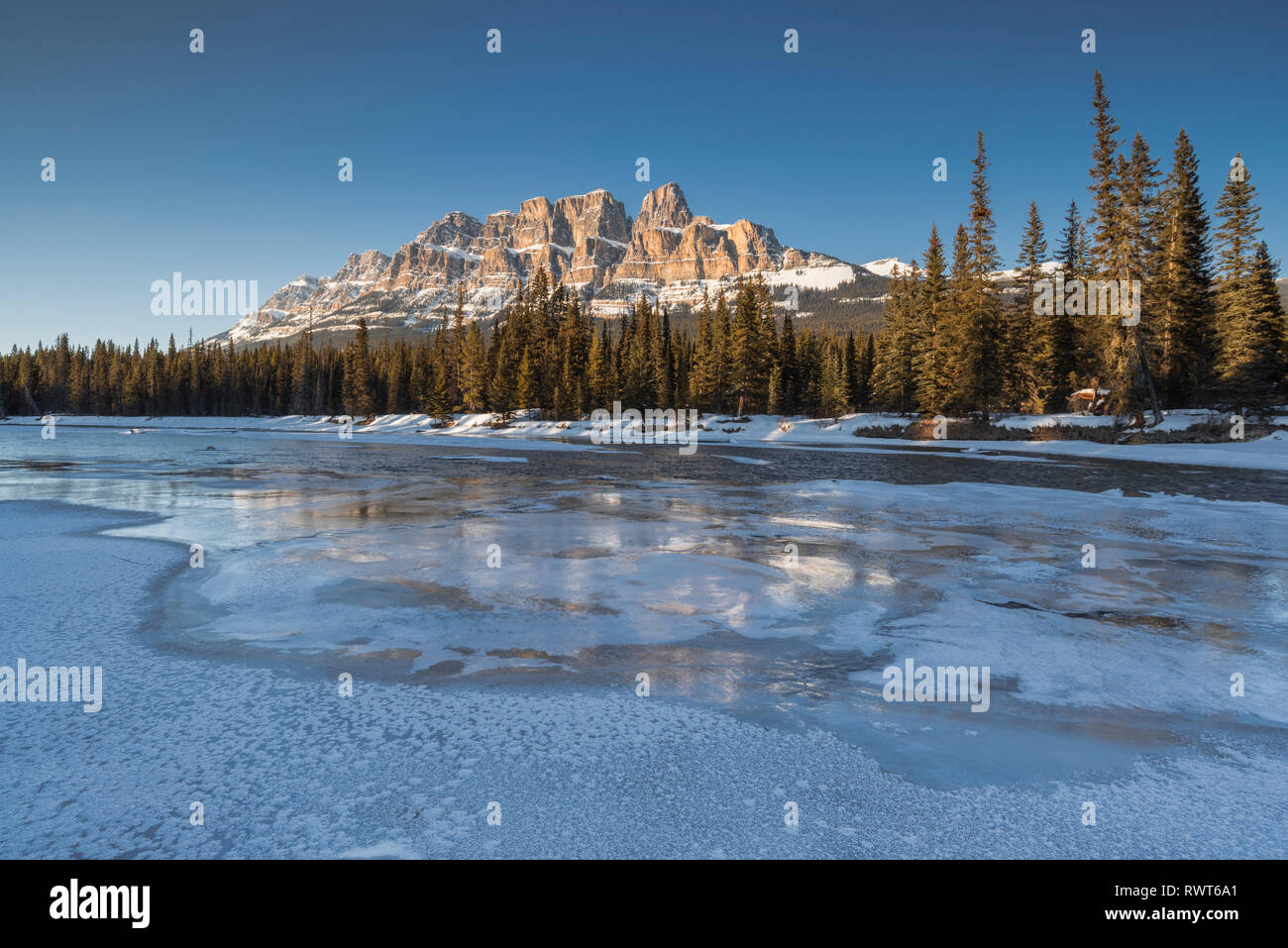 Castle Mountain en invierno al atardecer con helado de Bow River, Parque Nacional de Banff, Canadá, Canadian Rockies Foto de stock