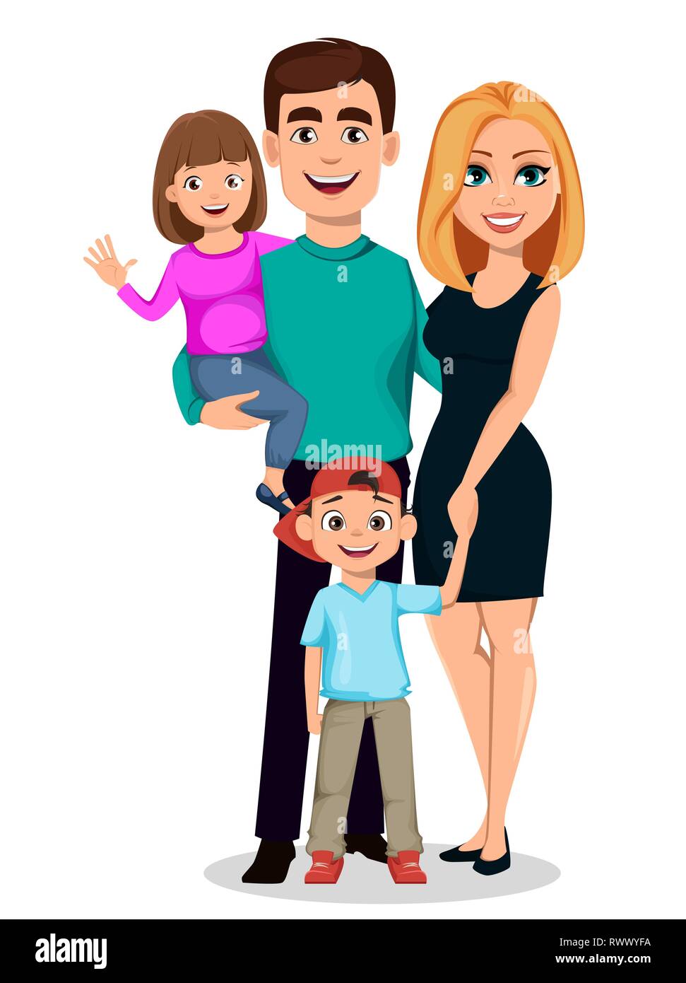 Familia Feliz. Padre, madre, hijo e hija. Personajes de animados. padres y los hijos. Ilustración vectorial Imagen Vector stock - Alamy