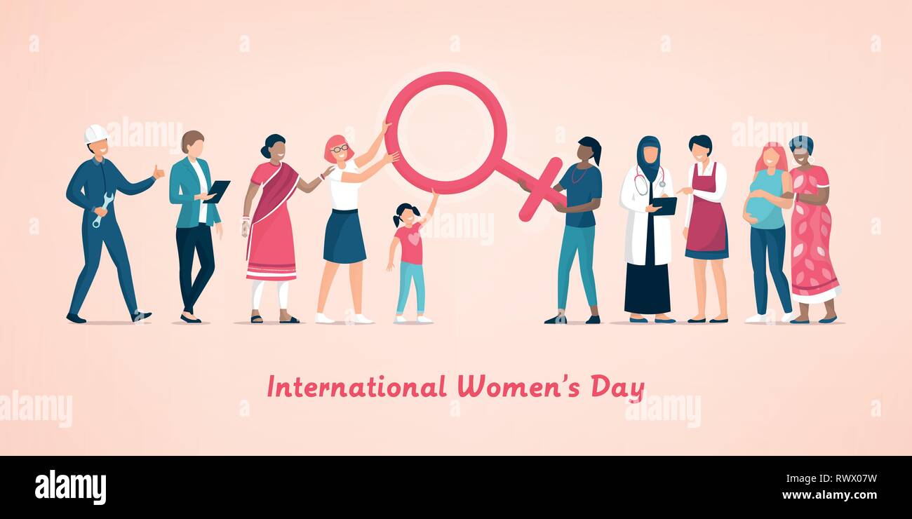 Diversas mujeres de pie juntos y apoyarse mutuamente, están sosteniendo el símbolo femenino, el feminismo, el derecho de la mujer y el día de la mujer concepto Ilustración del Vector