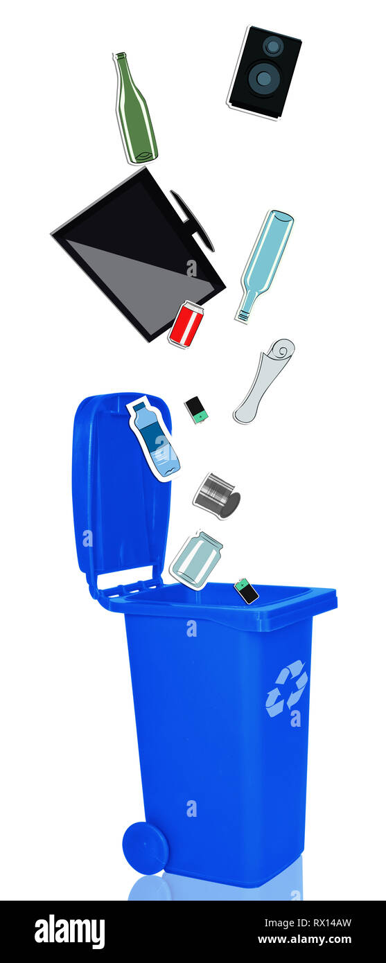 Primer plano de una papelera de reciclaje azules con abrir la tapa y  materiales reciclables Fotografía de stock - Alamy