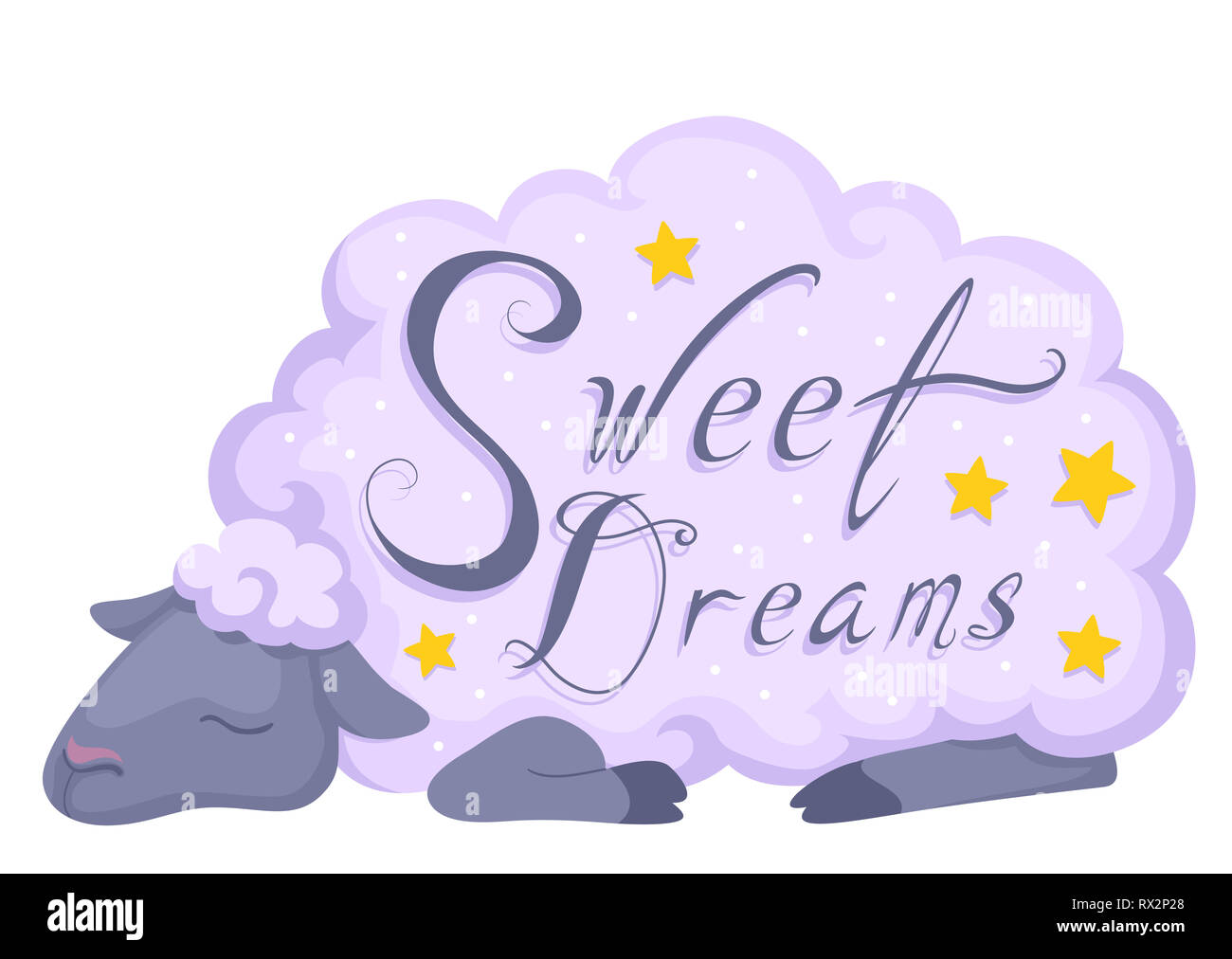 Ilustración de una oveja para dormir con dulces sueños Rotulación y estrellas Foto de stock