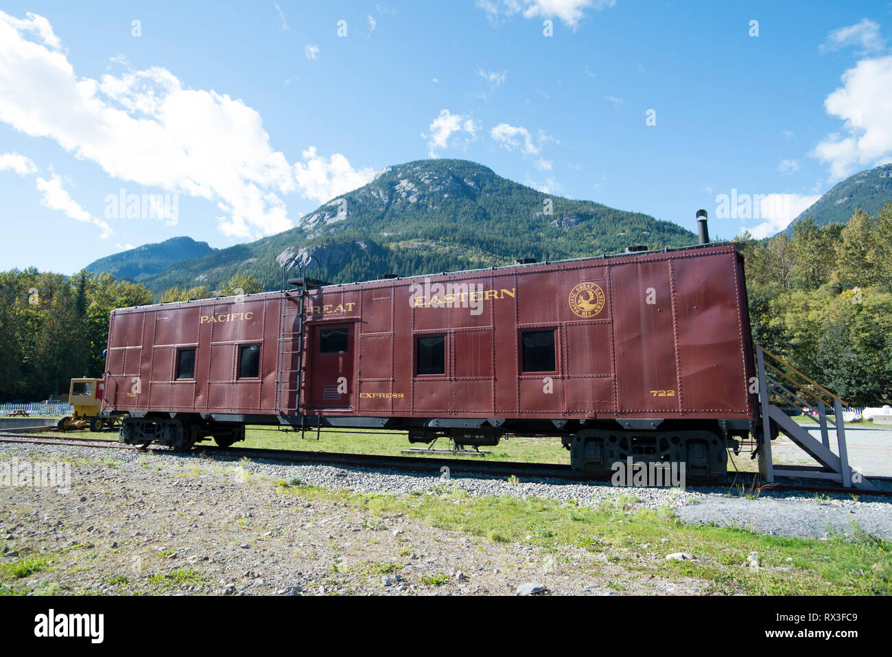 Un histórico PGE obras ferroviarias del auto en el oeste de Canadá Museo Ferroviario en Squamish, BC, Canadá. Foto de stock