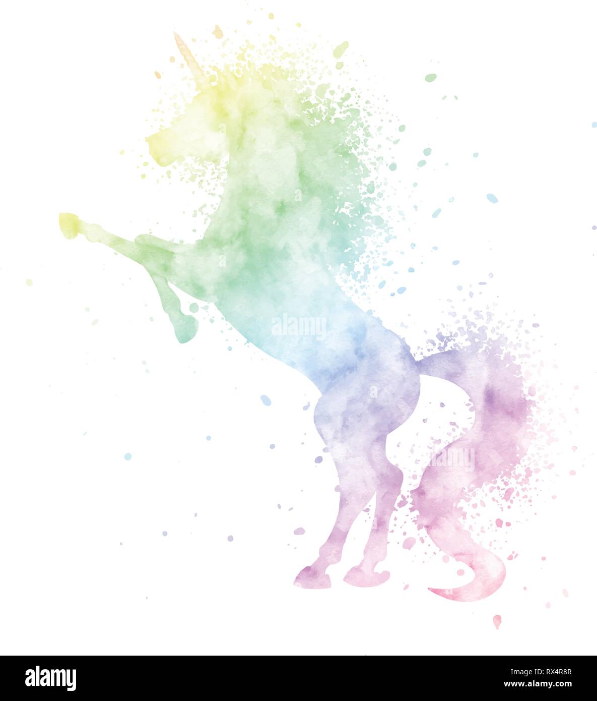 Acuarela unicorn silueta pintura con textura splash aislado sobre fondo blanco. Linda criatura mágica ilustración vectorial en los colores del arco iris. Ilustración del Vector