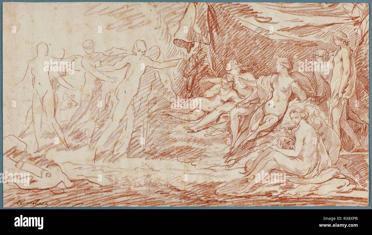 El baño de Diana. Pierre Charles Trémolières; francés, 1703-1739. Fecha: 1728-1739. Dimensiones: 230 x 411 mm. Tiza roja de marfil sentó el papel, establecidas sobre crema de papel establecido. Origen: Francia. Museo: El Instituto de Arte de Chicago. Foto de stock