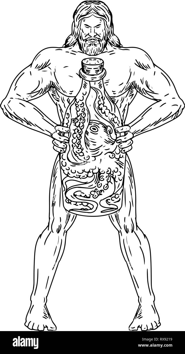 Dibujo Dibujo Ilustración estilo romano de Hercules, un héroe y dios griego equivalente al divino héroe Heracles, sosteniendo una botella con un pulpo dentro Ilustración del Vector