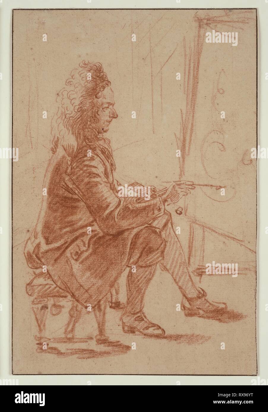 Él mismo sitio oscuro Un pintor Bewigged (posiblemente Claude Audran), sentado en su caballete,  visto de perfil. Jean Antoine Watteau; francés, 1684-1721. Fecha:  1704-1714. Dimensiones: 201 x 134 mm. Tiza roja en buff sentó el papel,