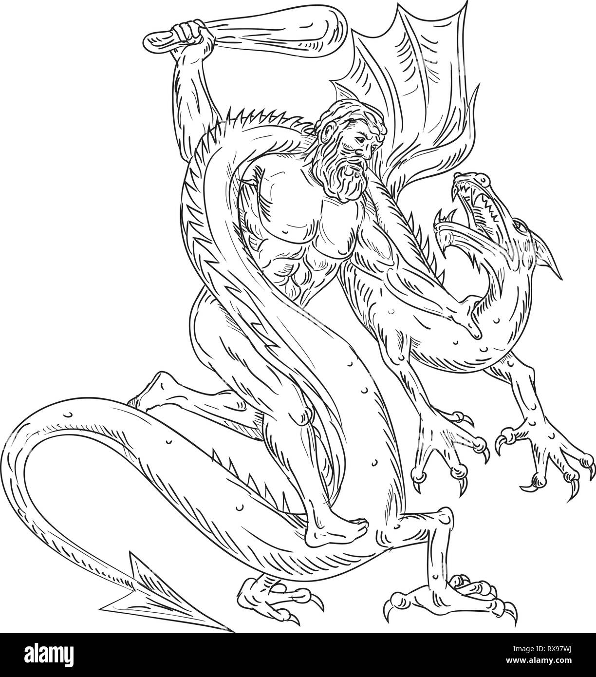 Dibujo Dibujo Ilustración estilo de Hércules, un héroe Romano y el equivalente del dios griego Heracles, héroe divino lidiando un dragón medieval . Ilustración del Vector