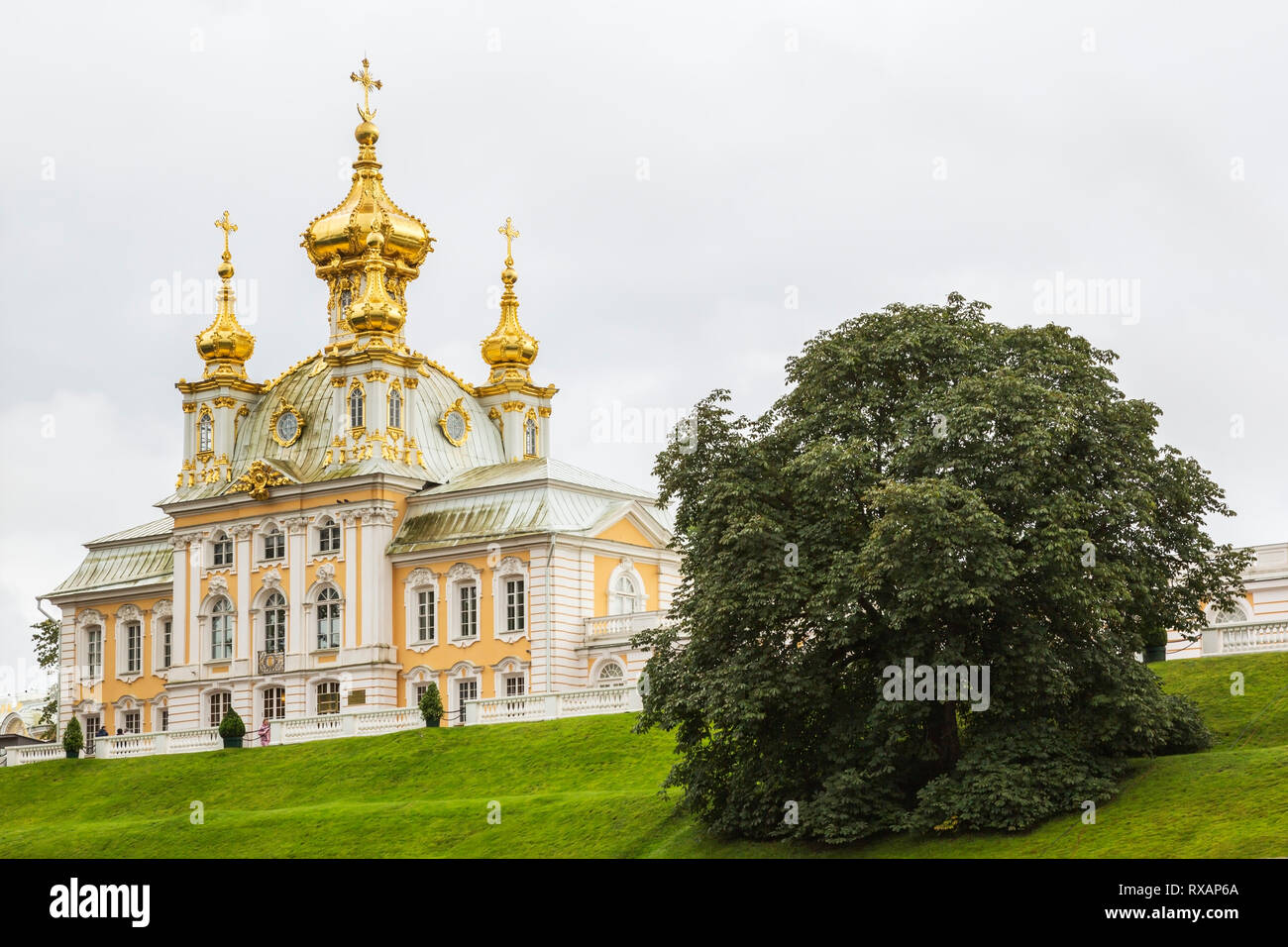 Capilla con cúpulas doradas y cruces, jardines y jardines del palacio Peterhof a finales del verano, Petergof, San Petersburgo, Rusia, Europa, Patrimonio de la Humanidad de la UNESCO Foto de stock