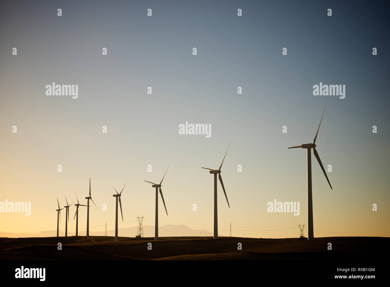 Los molinos de viento de lado a lado sobre la tierra contra el cielo despejado durante la puesta de sol Foto de stock