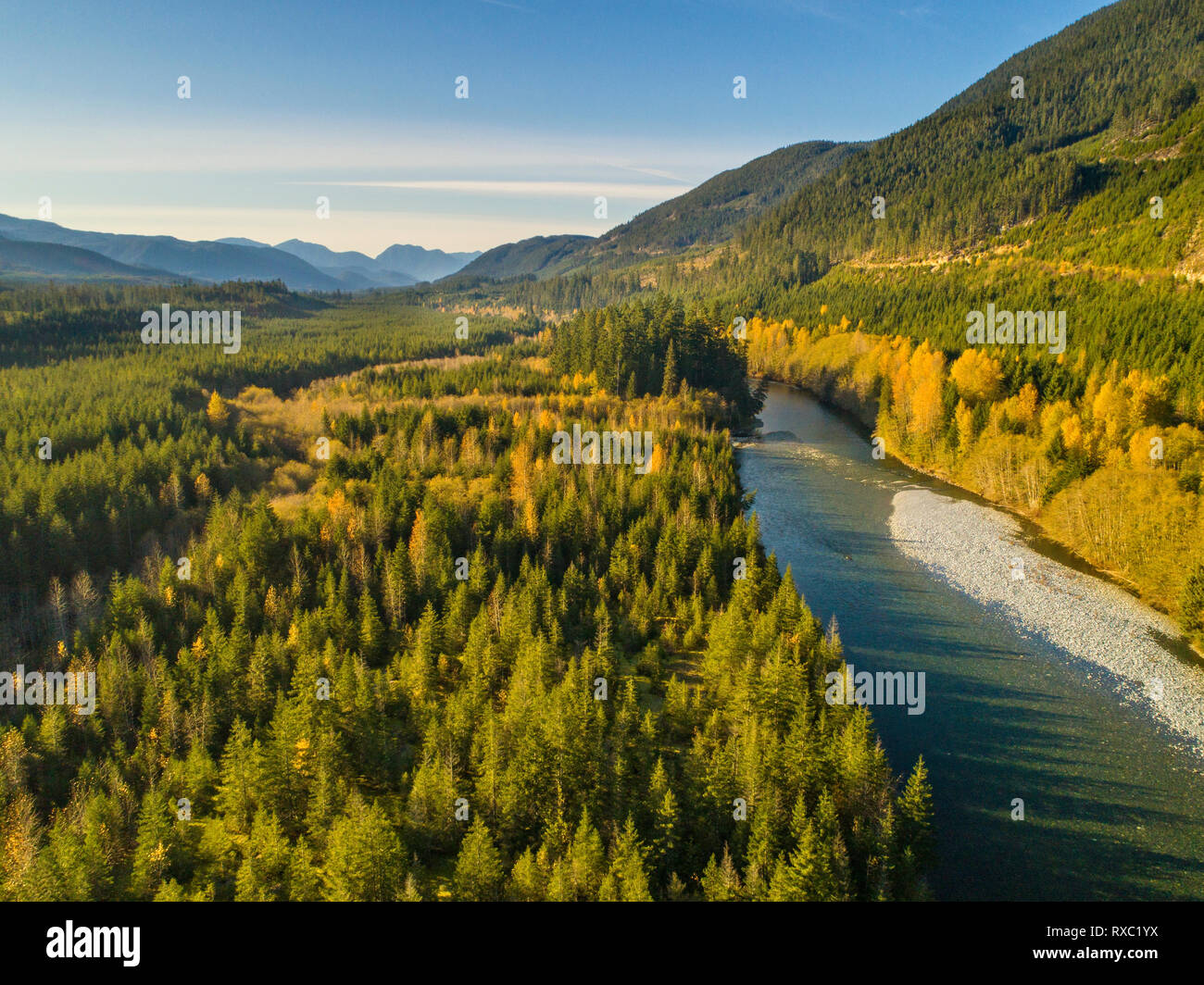Foto aérea de Nimpkish Valley en el norte de la isla de Vancouver, British Columbia, Canadá. Foto de stock