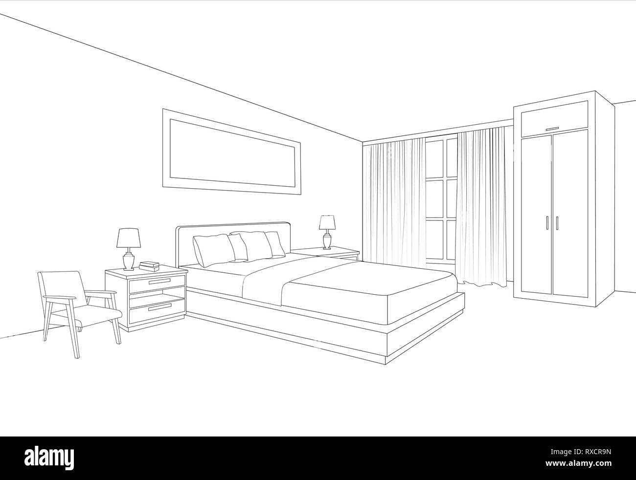 Muebles de dormitorio interior. Sala de dibujo de línea. Casa de diseño de  interiores. La perspectiva de un espacio interior Imagen Vector de stock -  Alamy